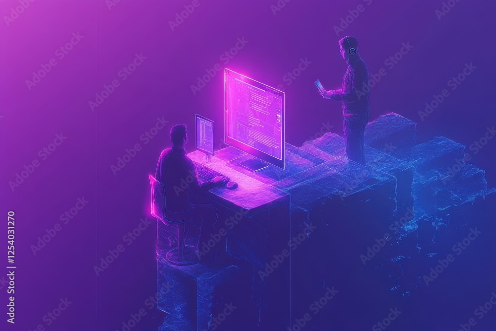Poster isometric illustration of a person programming on a dual screen setup