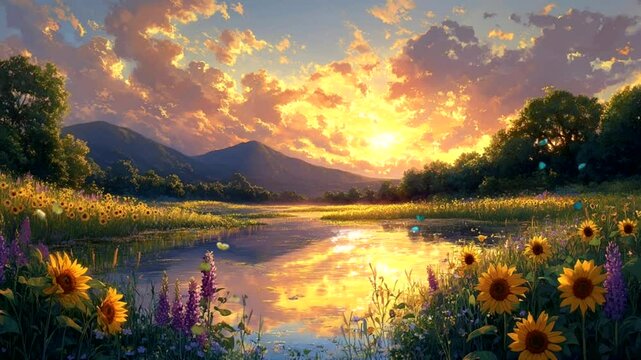 Golden sunrise reflecting on a serene river with sunflowers and mountains in seamless looping 4k time-lapse animation video background. Nature concept
