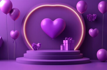 Purple neon heart with balloons and gift on a podium