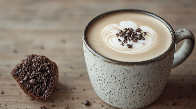 Coffee latte art, muffin, wood table, cafe background, food photography