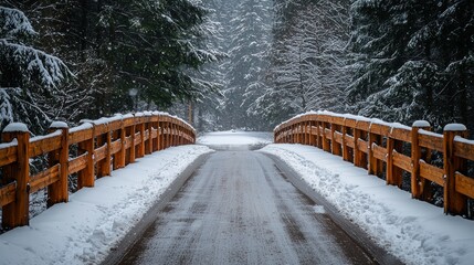 Obraz premium Snowy road on wooden bridge, winter forest