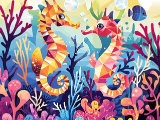 Obraz premium Illustrated poster seahorses with geometric tails floating through colorful coral reefs, Swiss