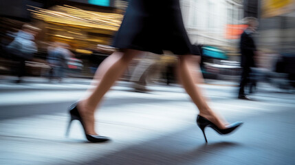 Businesswoman walking briskly in high heels across a busy city crosswalk, symbolizing urban life, career, and fast-paced modern living. Motion blur