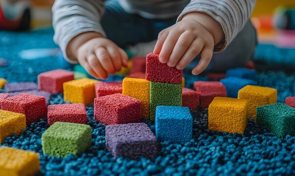 A child's hands stacking colorful blocks on a textured blue rug for playtime