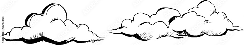 Poster two hand-drawn clouds with a sketchy style, featuring soft curves and shading, ideal for illustratio