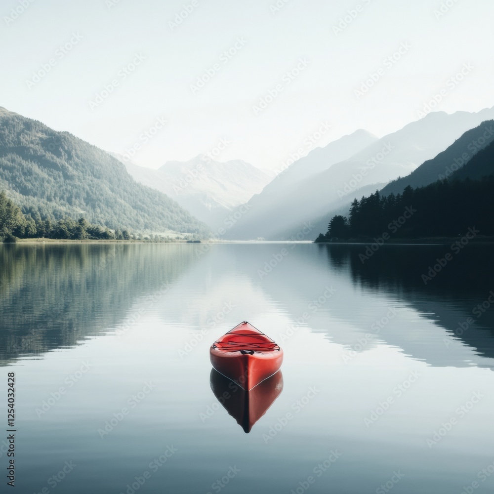 Aufkleber Lone red kayak floats serenely on the smooth surface of a tranquil mountain lake surrounded by towering peaks. Generative AI