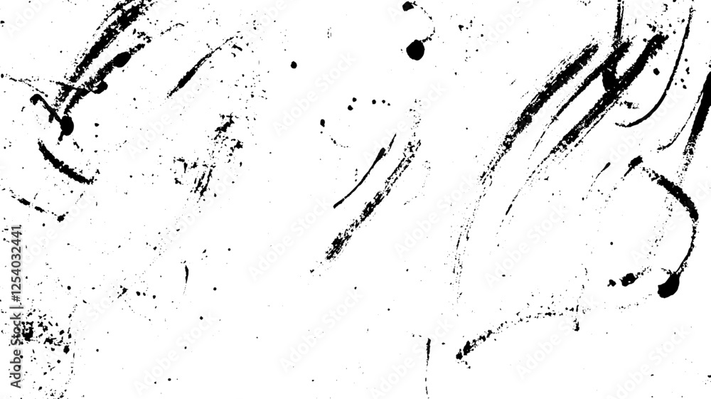 Poster an abstract black and white background featuring random splatters and brush strokes, creating a dyna