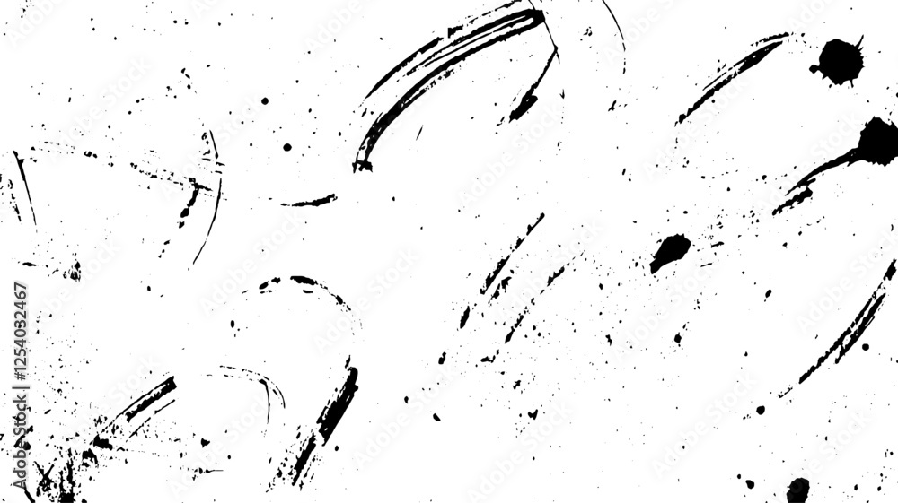 Poster Abstract black ink splatters and brush strokes on a white background, creating a dynamic and artistic texture.