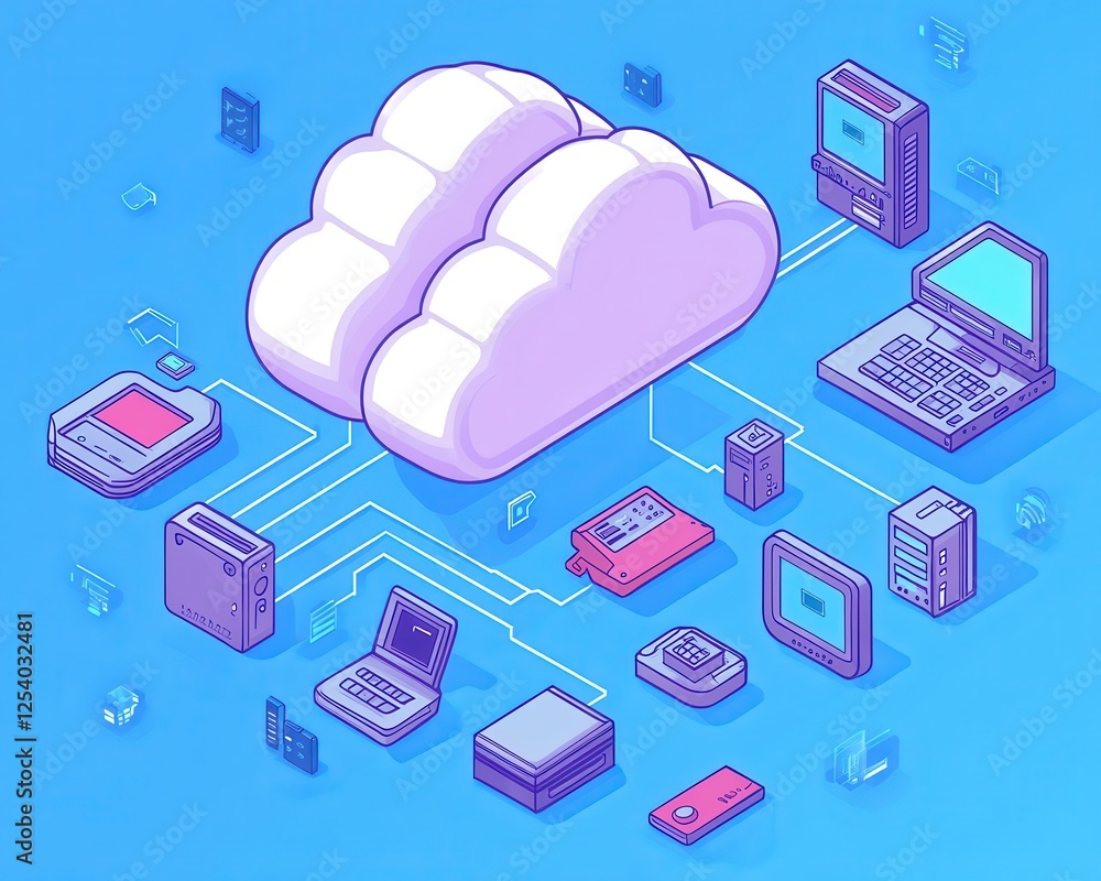 Poster isometric cloud concept with interconnected smart devices and digital technology