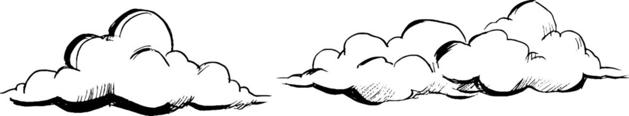 Two hand-drawn clouds with a sketchy style, featuring soft curves and shading, ideal for illustrations or design elements.