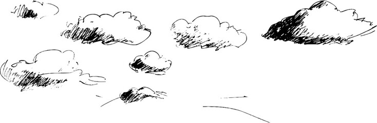 A hand-drawn illustration of fluffy clouds scattered across a white background, showcasing various shapes and sizes, with shading to add depth.