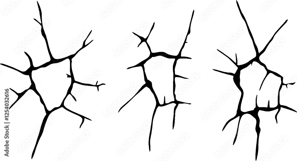 Poster three abstract black crack patterns on a white background, showcasing different shapes and sizes of 