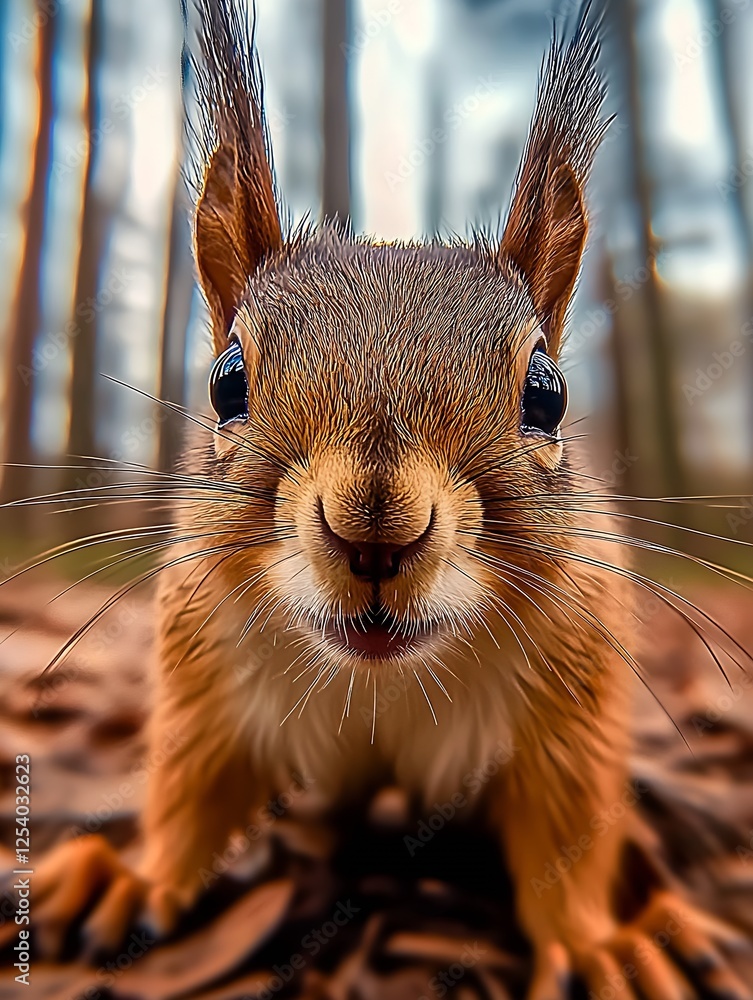 Poster detailed close up of a squirrel displaying its unique features and curious nature in the forest : ge