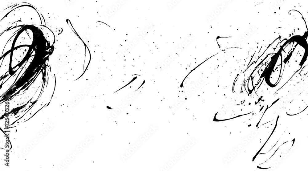 Fototapete abstract black ink splashes and swirls on a white background, creating a dynamic and artistic compos