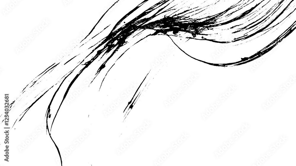 Poster an abstract black ink drawing featuring flowing lines and curves on a white background, creating a s