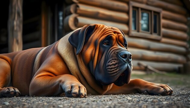 a large brown dog laying on top of a sandy ground - Powered by Adobe