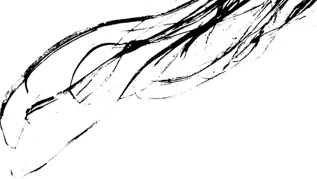 An abstract black ink illustration featuring flowing lines and curves, resembling organic forms or tendrils against a white background.