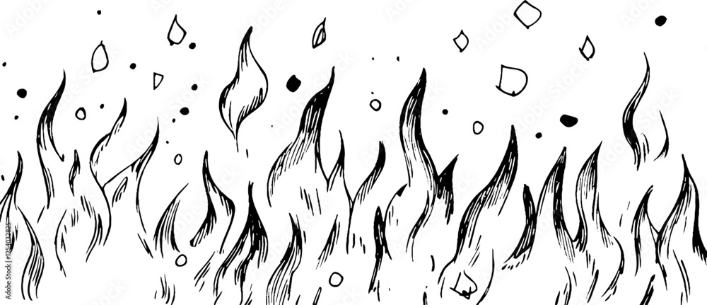 Poster a hand-drawn illustration of stylized flames with swirling shapes and scattered dots, creating a dyn