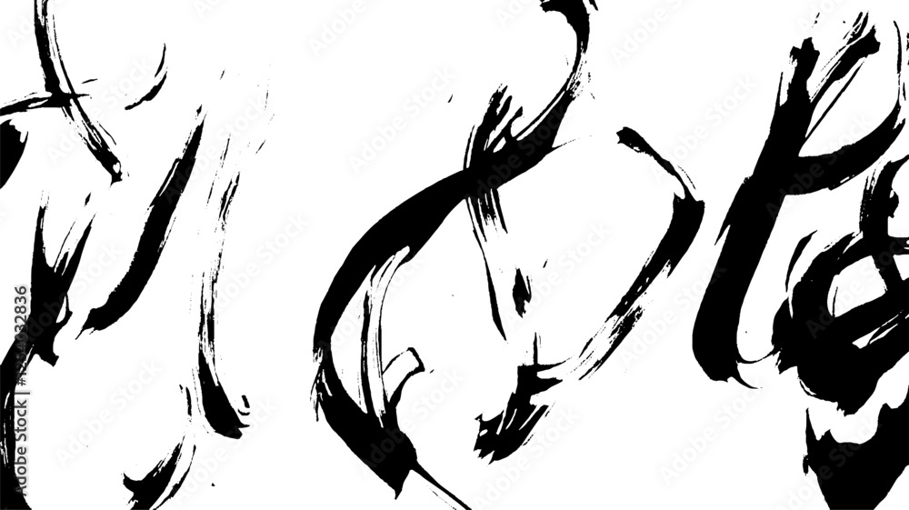 Poster abstract black ink brush strokes on a white background, creating a dynamic and artistic composition.
