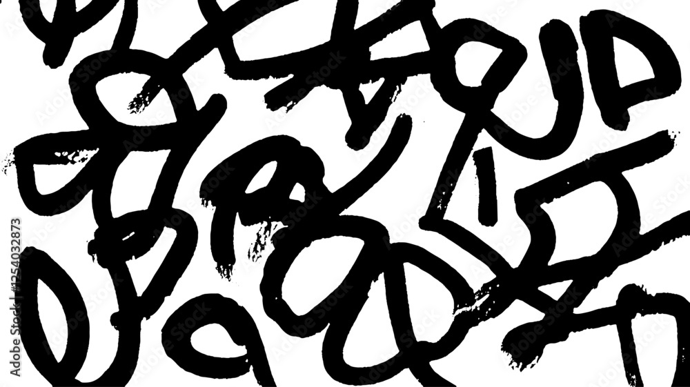 Poster an abstract composition featuring a chaotic arrangement of black brush strokes and lines on a white 