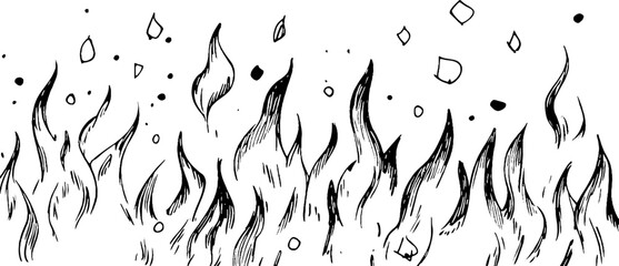 A hand-drawn illustration of stylized flames with swirling shapes and scattered dots, creating a dynamic and artistic representation of fire. © annetdebar