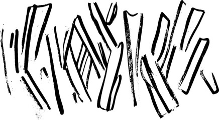 An abstract composition featuring bold, black brush strokes arranged in a dynamic, chaotic manner. The strokes vary in thickness and length, creating a sense of movement and energy.