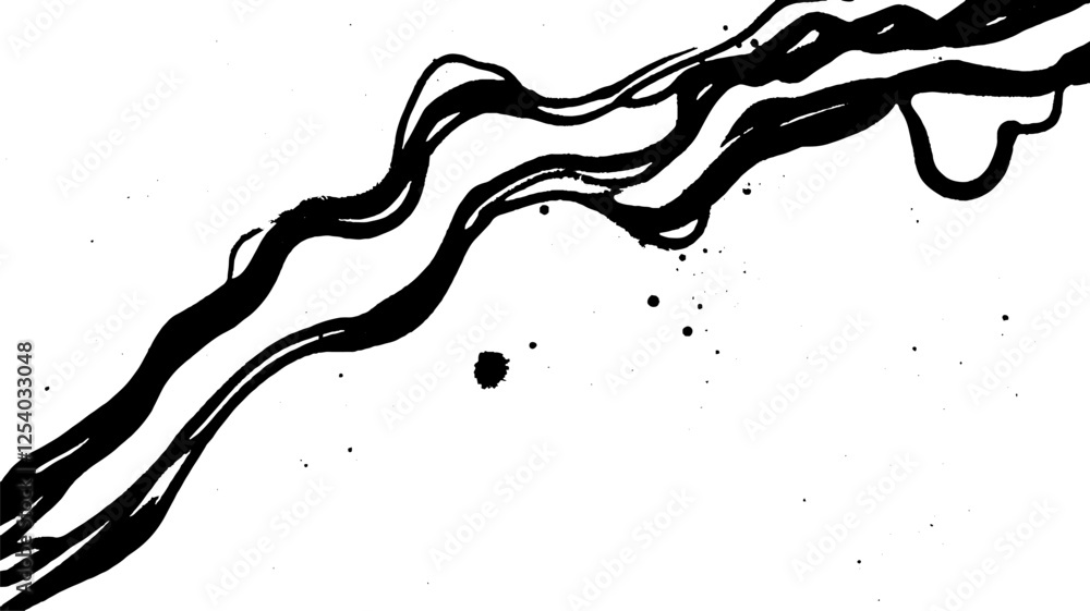 Poster an abstract black ink splash design with flowing lines and splatters on a white background, creating