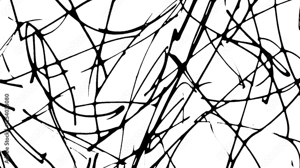 Poster an abstract black and white pattern featuring chaotic, intertwining lines and strokes on a white bac