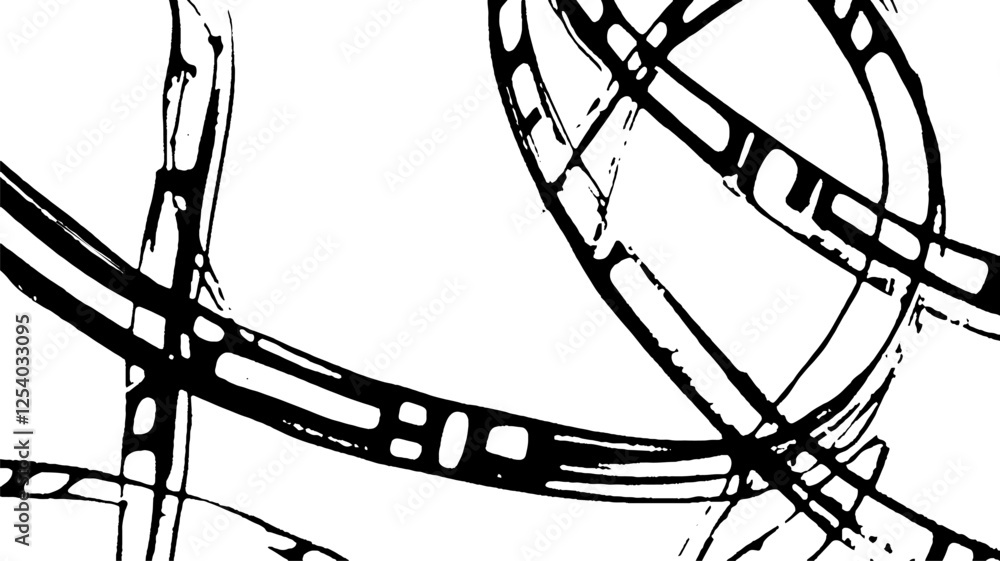 Poster abstract black and white illustration of overlapping film strips creating a dynamic pattern.