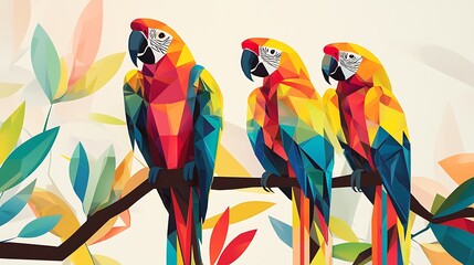 Illustrated poster featuring colorful macaws with geometric wings perched on stylized trees, Swiss design