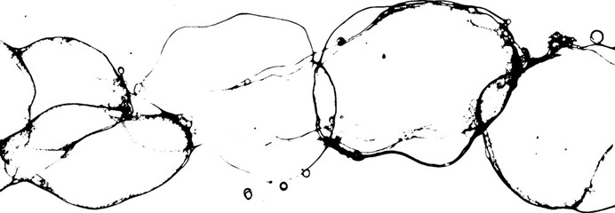 An abstract design featuring a series of interconnected black bubbles or blobs on a white background, creating a fluid and organic appearance.
