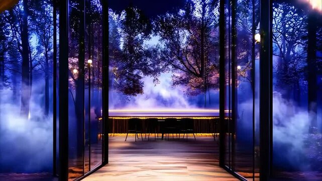 A modern, illuminated room with an open entrance revealing a serene, misty forest landscape.