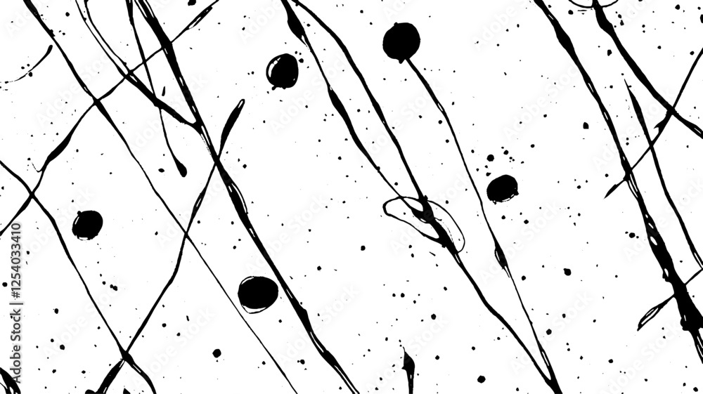 Poster an abstract black and white pattern featuring splatters, lines, and circles, creating a dynamic and 