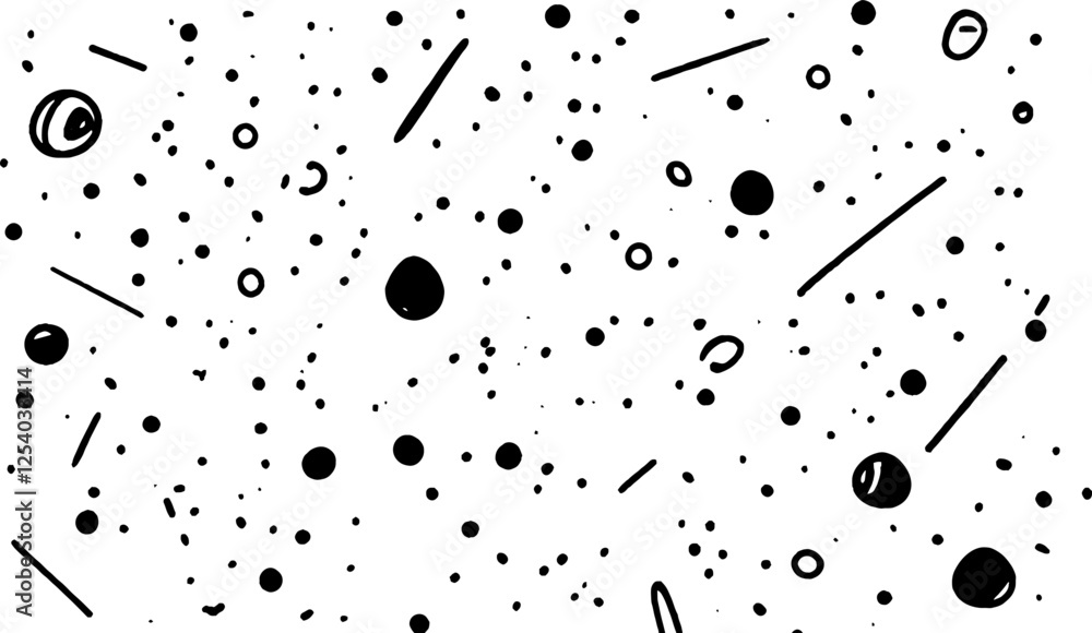 Poster a seamless pattern of various black circles and lines on a white background, resembling a playful ab