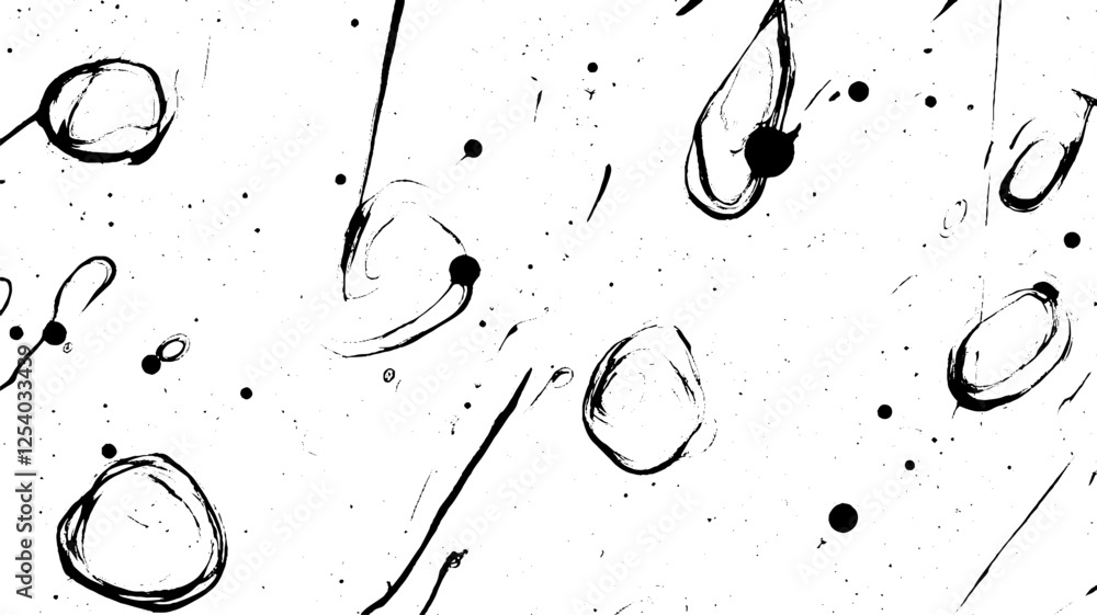 Poster an abstract black and white pattern featuring various circular shapes and splatters, creating a dyna