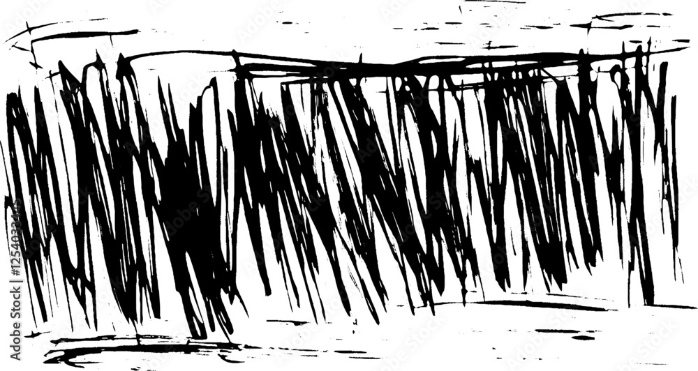 Poster an abstract black and white artwork featuring chaotic, jagged lines and strokes, creating a sense of