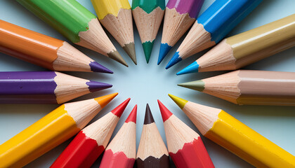 Naklejka premium Creative Arrangement of Multicolored Pencils on a Blue Background 
