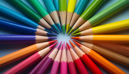 Rainbow-Colored Pencils in a Symmetrical Pattern

