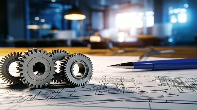 An expansive engineering blueprint covering technical drawings of a complex gear system, with precise scale markings and measurement tools in the background of a modern design stud