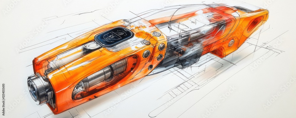 Poster futuristic orange technological device with transparent internals and detailed design layout