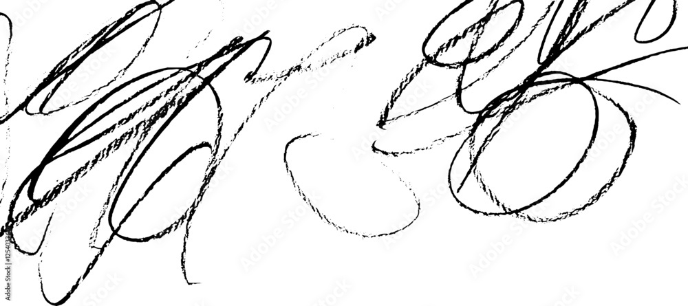 Poster an abstract composition of black scribbles and curves on a white background, showcasing dynamic move