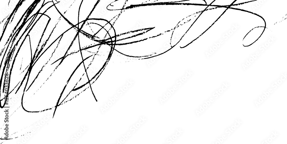 Poster an abstract design featuring chaotic black lines and curves on a white background, creating a sense 