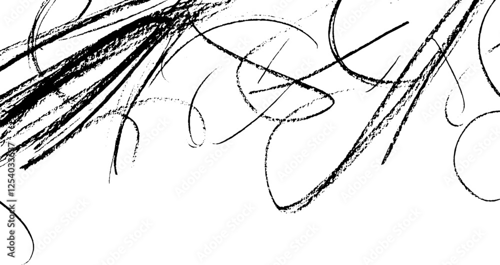 Poster abstract black ink strokes and swirls on a white background, creating a dynamic and artistic effect.