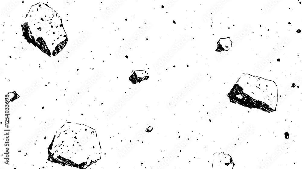 Poster a black and white illustration of various asteroids floating in space, with a scattered background o
