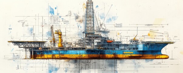 Fototapeta premium Vibrant Technical Sketch of a Modern Offshore Blue and Yellow Oil Platform