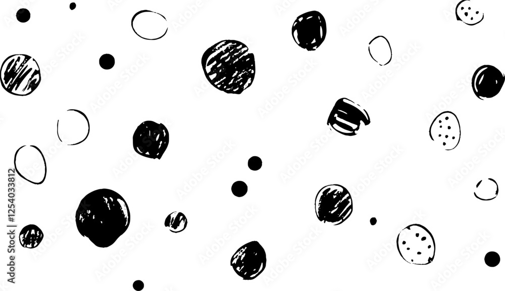 Poster a seamless pattern of various hand-drawn black circles and dots on a white background, creating a pl