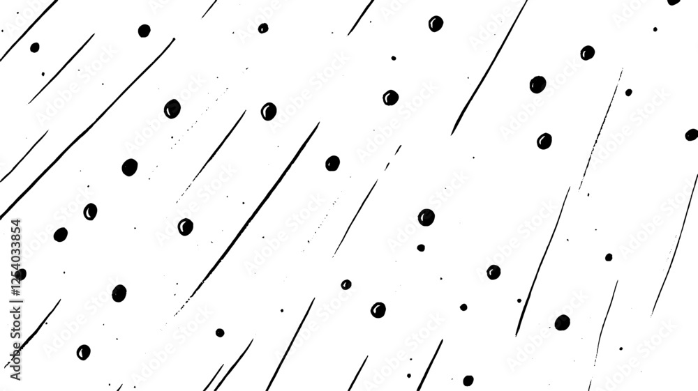 Poster a monochromatic abstract pattern featuring diagonal lines and scattered circular shapes, creating a 