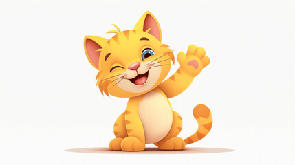 Obraz premium Cheerful cartoon cat waving happily with a playful expression against a simple background