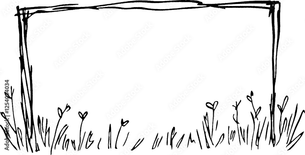 Poster a hand-drawn frame with a simple design, featuring a grassy bottom adorned with small heart-shaped f