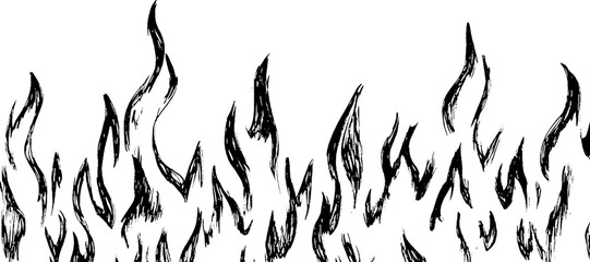 A stylized illustration of flames, featuring various shapes and sizes of fire tongues in black on a white background.